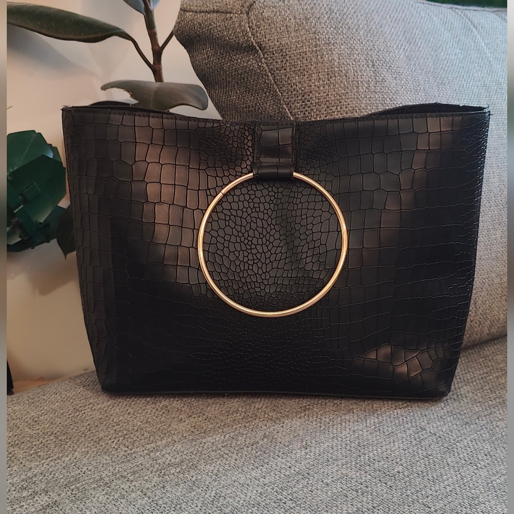 Black Faux Croc Handbag